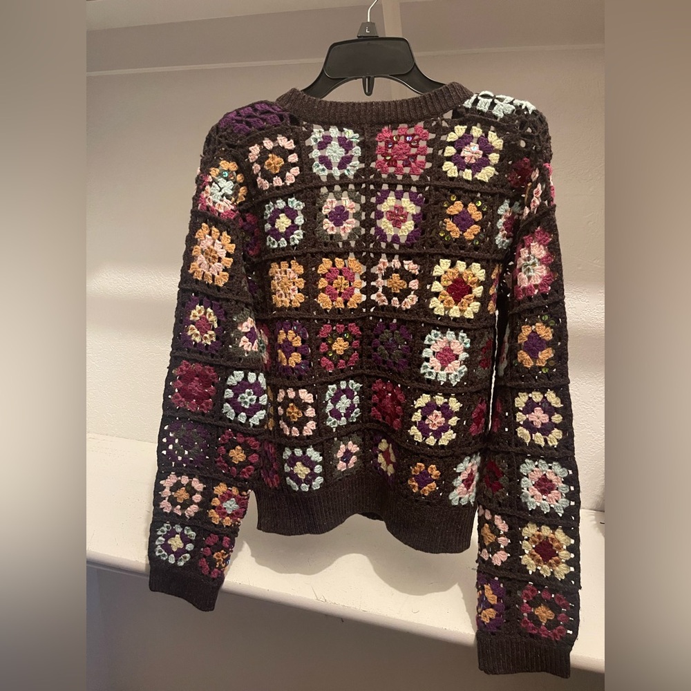 VTG Crochet DRESSBARN Floral Patchwork XL 100%Lambswool Cardigan Grandmacore - Picture 3 of 10